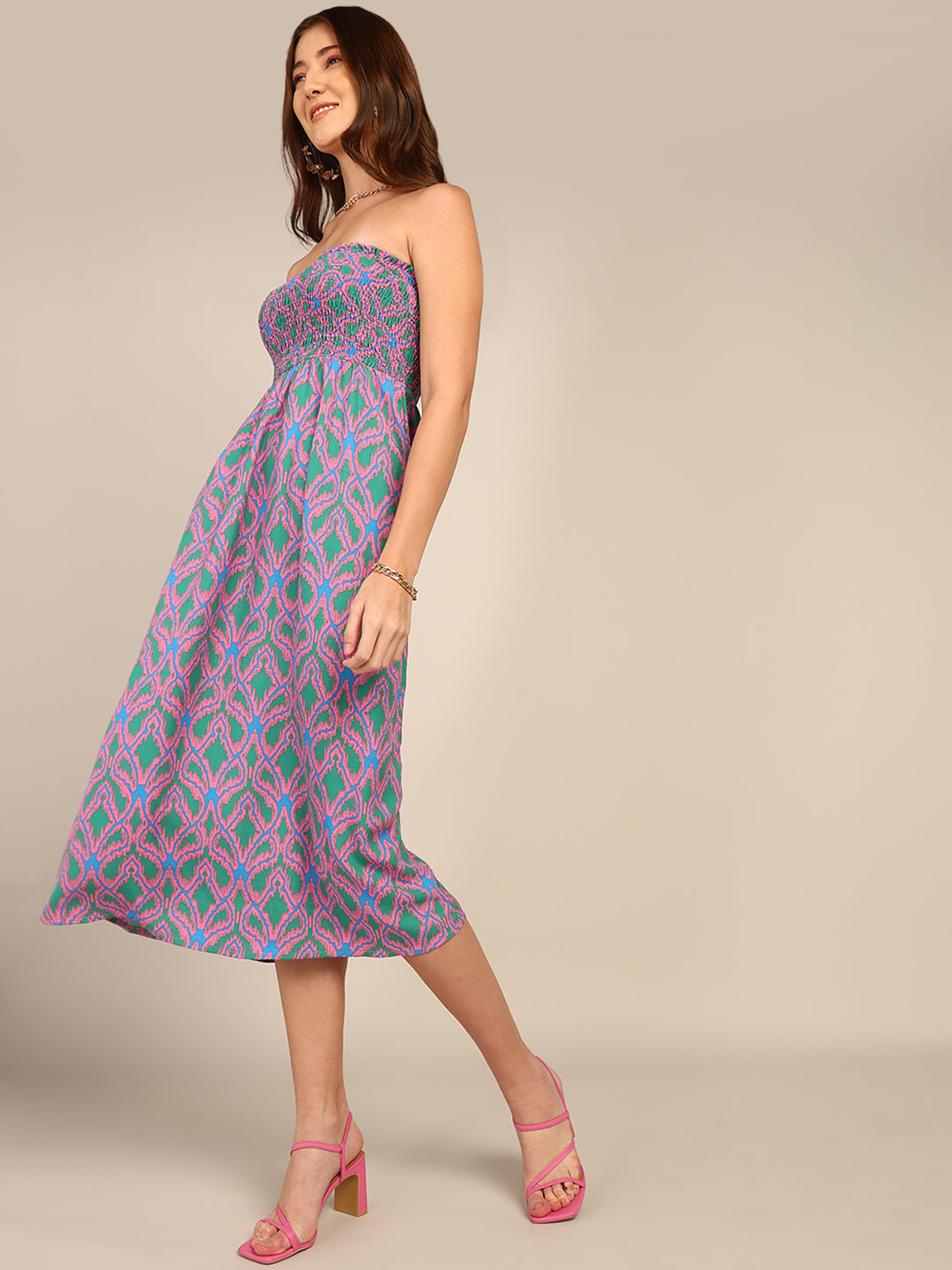 Pink and Green Smocked Strapless Midi Dress for Women