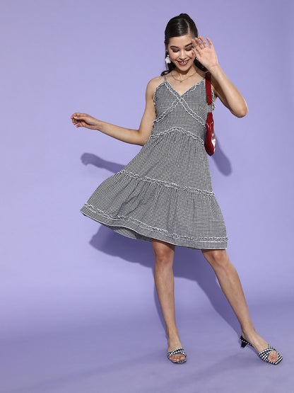 Black & White Checked Tiered Mini Dress Strappy Casual Summer Dress for Women