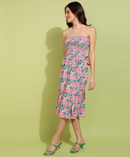 Women's Pink Floral Strapless Smocked Midi Dress – Summer Beachwear