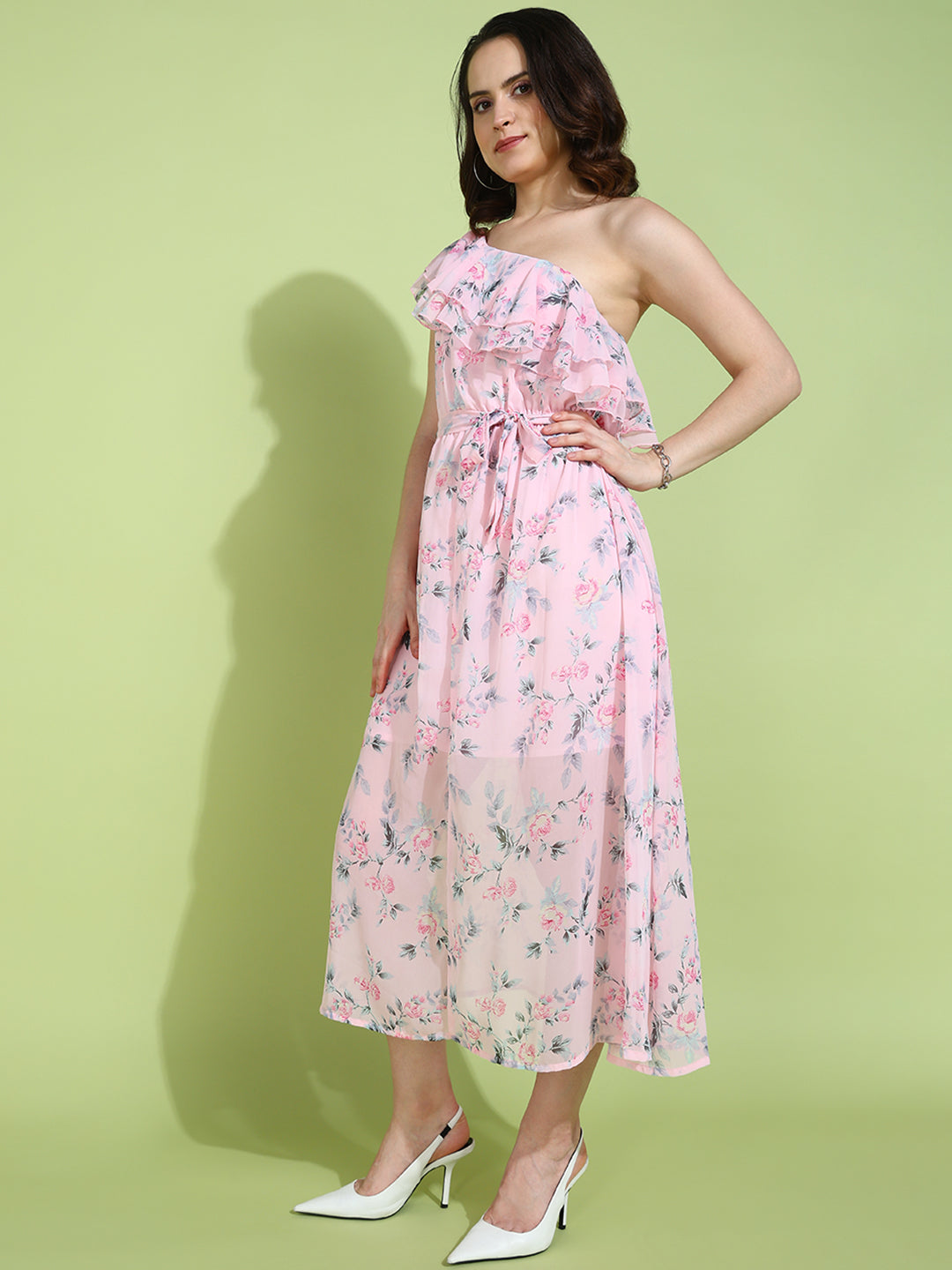 Pink One Shoulder Floral Ruffle Midi Dress for Women | Elegant Summer Dress
