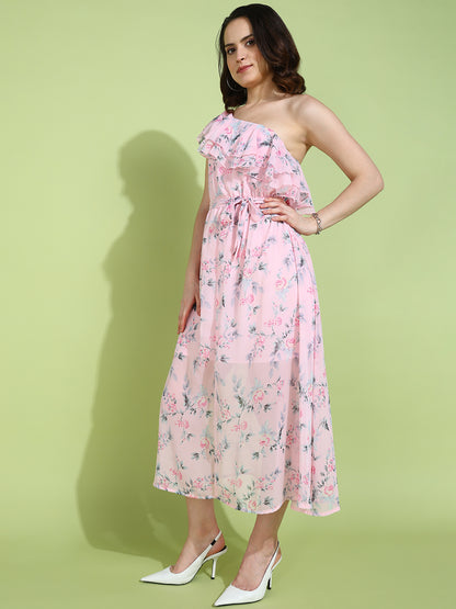 Pink One Shoulder Floral Ruffle Midi Dress for Women | Elegant Summer Dress