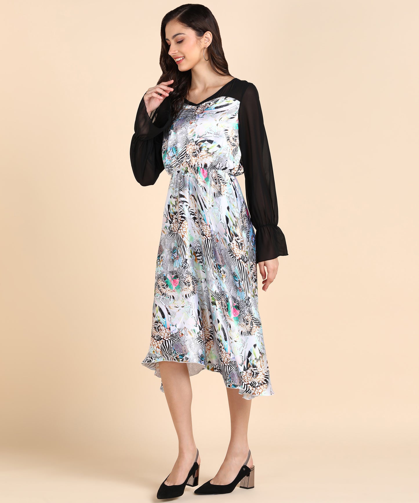 Floral Zebra Print Midi Dress with Sheer Black Sleeves – Elegant Collection