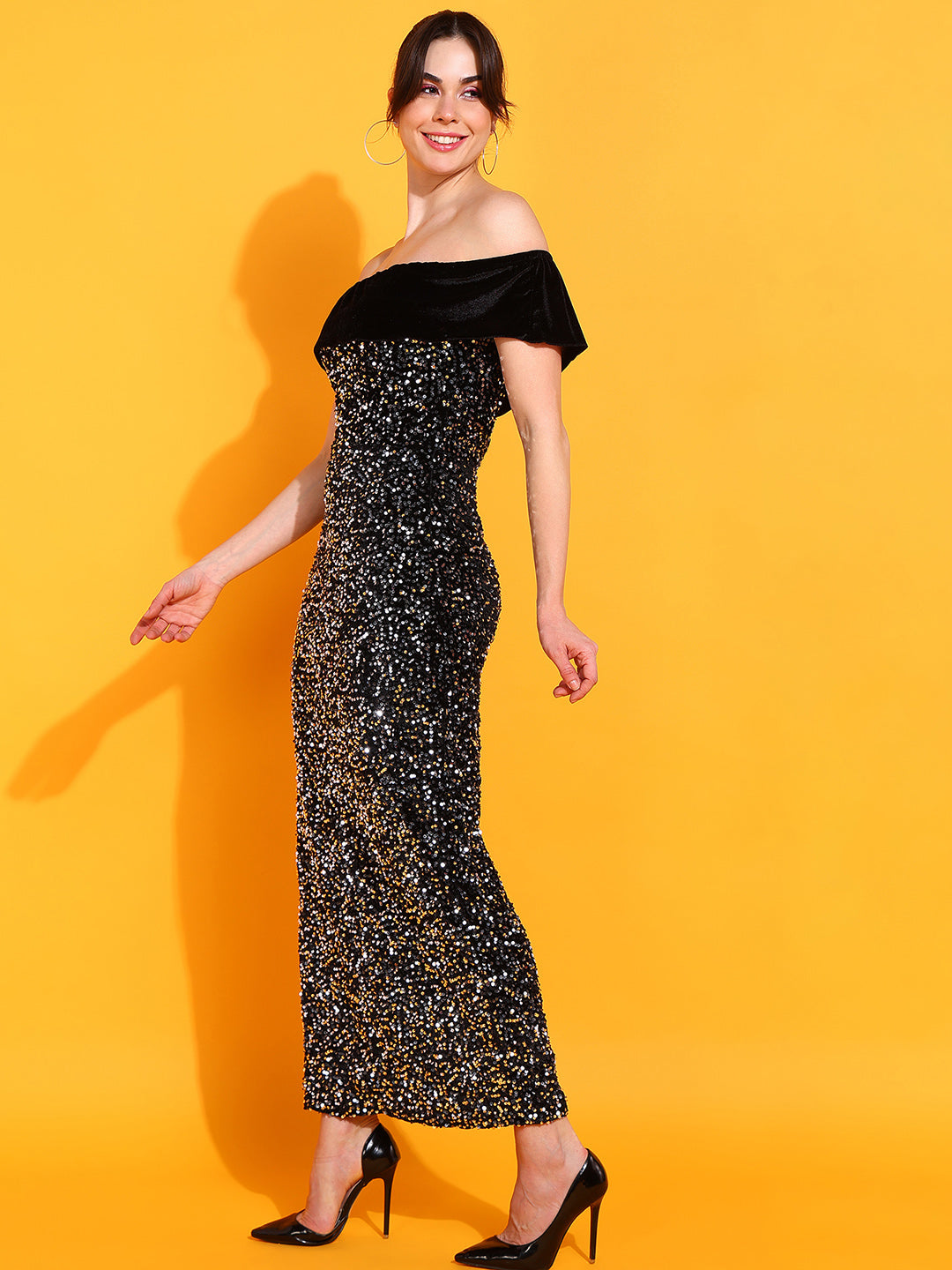 Black Off-Shoulder Sequin Maxi Dress for Women Party Evening Gown