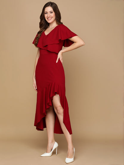 Elegant Maroon Ruffle High Low Dress for Women | Party Wear Midi Dress
