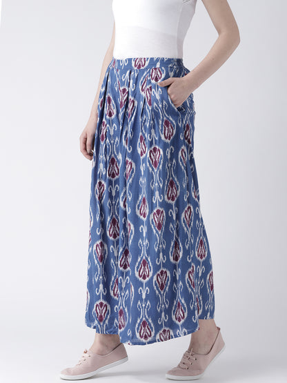 Women's Indigo Blue Ikat Printed Wide-Leg Trousers – Casual Ethnic Cotton Pants