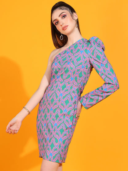 Women's One Shoulder Printed Bodycon Dress with Puff Sleeve – Party Wear