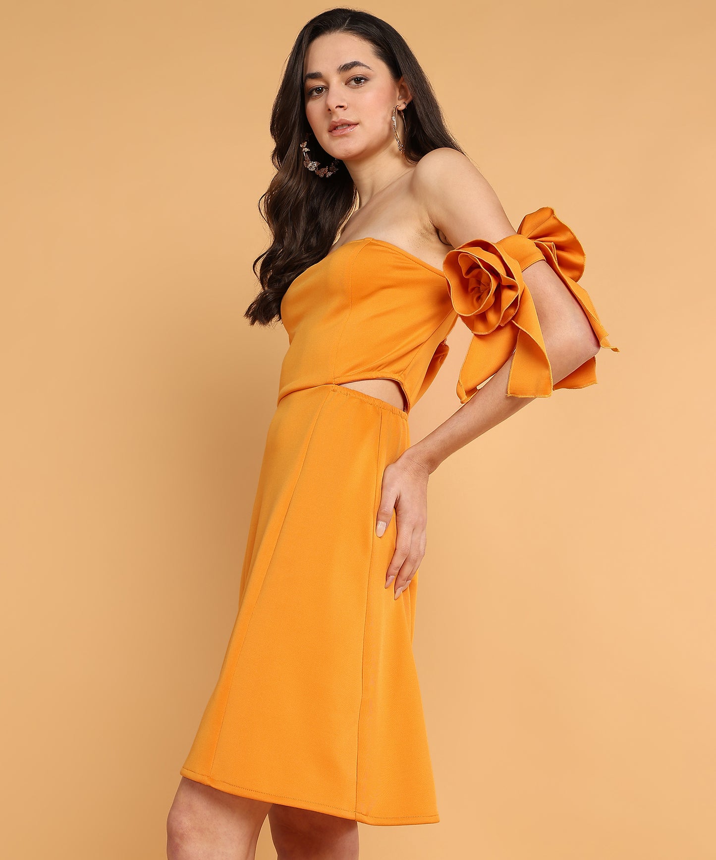 Orange Off-Shoulder Mini Dress with Floral Sleeve Bows for Women