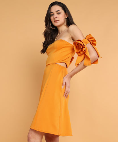 Orange Off-Shoulder Mini Dress with Floral Sleeve Bows for Women