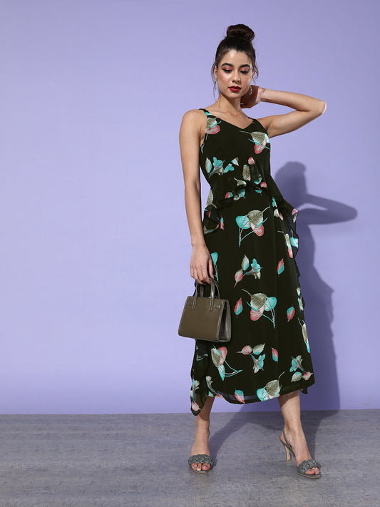 Women's Black Floral Printed Sleeveless Midi Dress Asymmetric Ruffle Hem Western Wear
