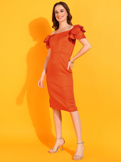 Women’s Orange Off-Shoulder Bodycon Midi Dress with Ruffle Sleeves