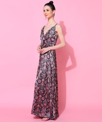 Black Floral Print Spaghetti Strap Slit Maxi Dress for Women