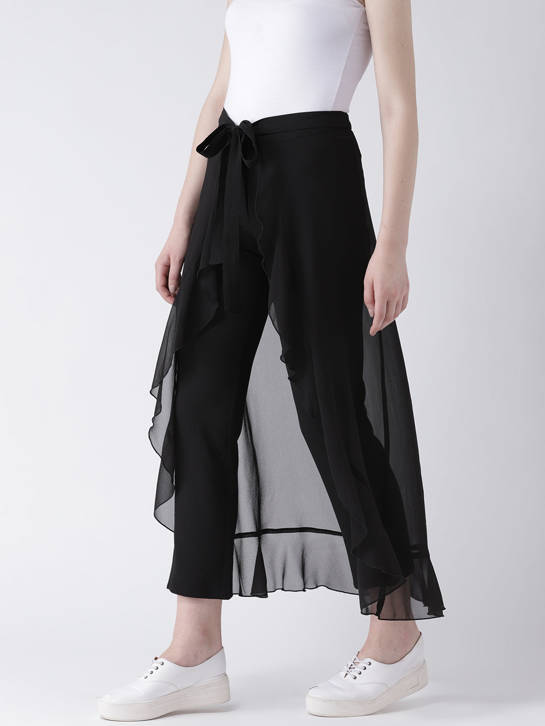 Black Layered Overlay Tie-Up Trousers for Women – Stylish Semi Sheer Pants
