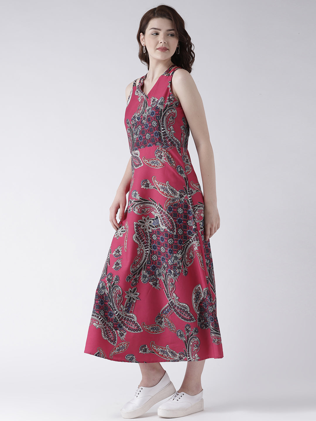 Women's Pink Paisley Print Sleeveless V-Neck Midi Dress