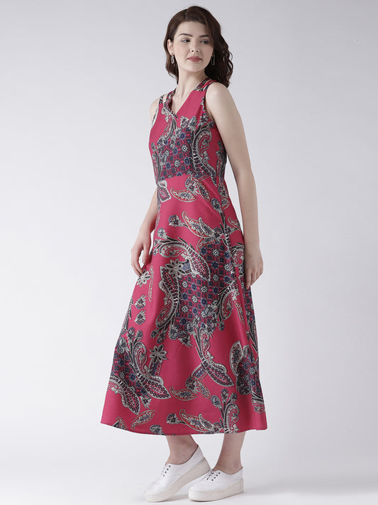 Women's Pink Paisley Print Sleeveless V-Neck Midi Dress