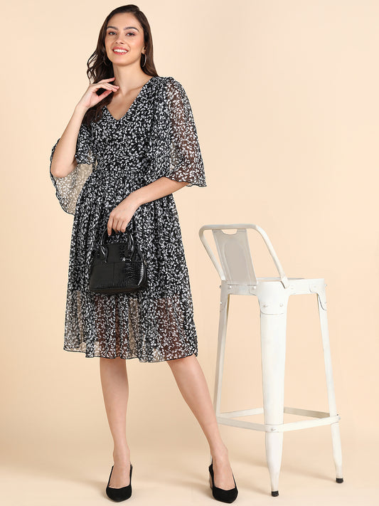 Black Floral A-Line Midi Dress for Women with Sheer Sleeves – Elegant Casual Wear