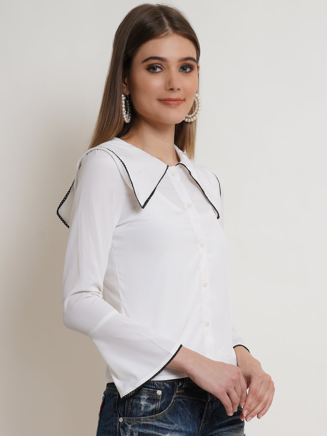 Women's White Collared Button-Up Shirt – Long Sleeve Blouse with Black Trim for Casual & Office Wear