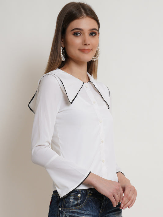 Women's White Collared Button-Up Shirt – Long Sleeve Blouse with Black Trim for Casual & Office Wear