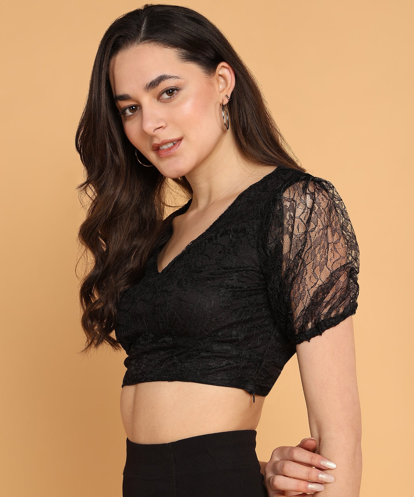Black Lace Puff Sleeve Crop Top for Women with V-Neck