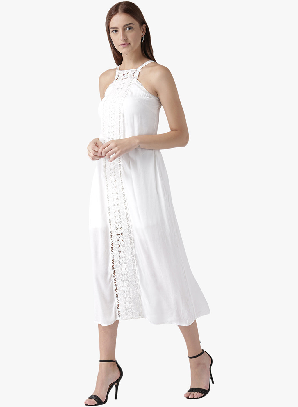 Women's White Halter Neck Midi Dress with Front Lace Panel