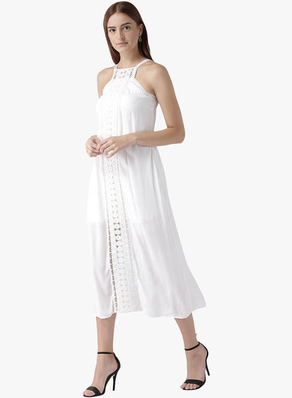 Women's White Halter Neck Midi Dress with Front Lace Panel