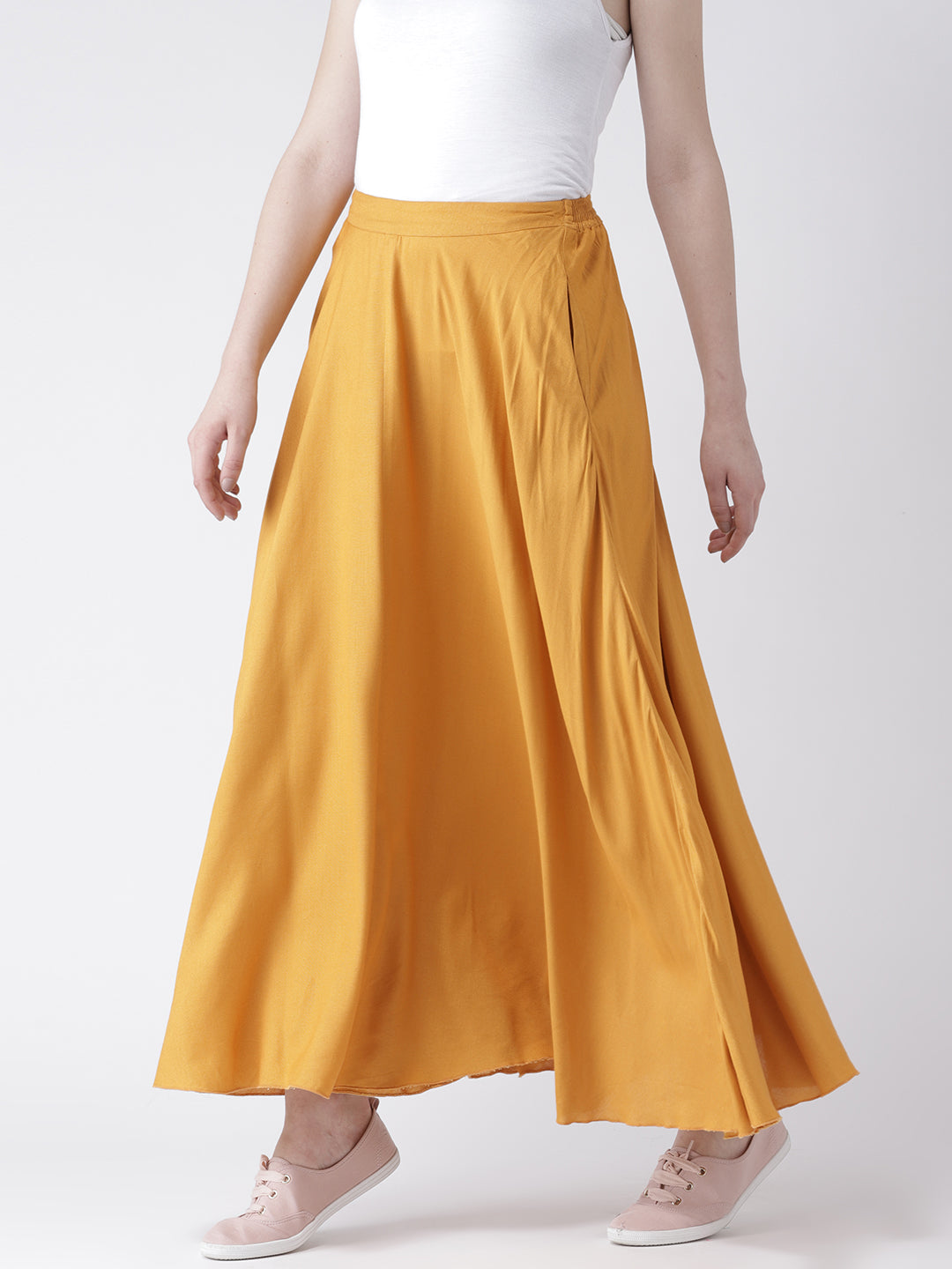 Women's Mustard Yellow Flared Palazzo Pants with Pockets – Solid Rayon Wide-Leg Bottoms