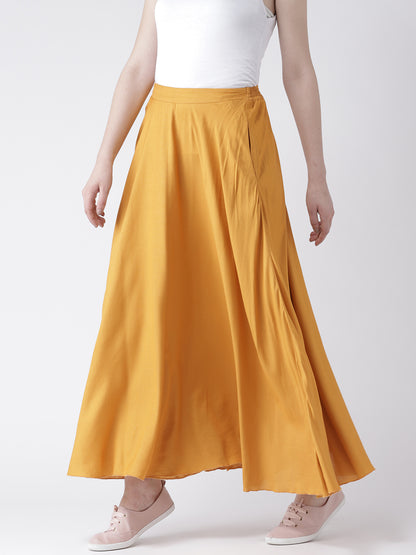Women's Mustard Yellow Flared Palazzo Pants with Pockets – Solid Rayon Wide-Leg Bottoms