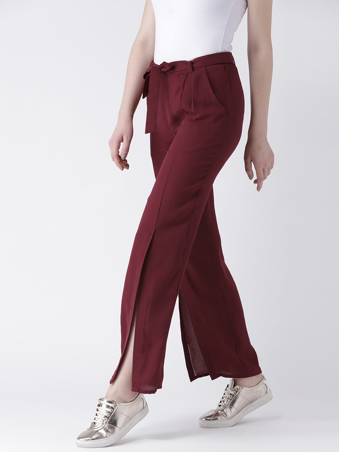 Maroon High Waist Slit Hem Trousers for Women with Tie-Up Belt