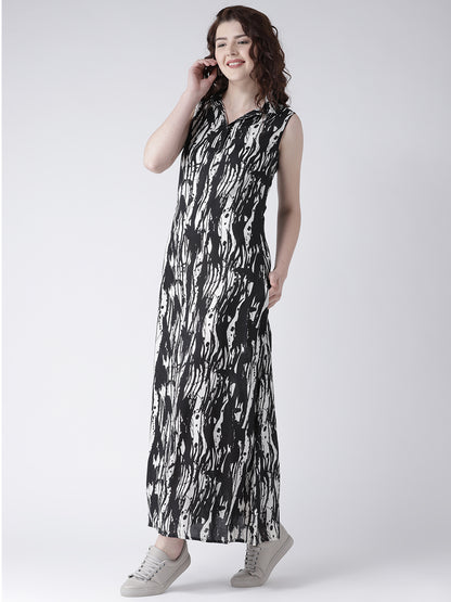 Women's Black and White Abstract Print Sleeveless Shirt Dress with Collar