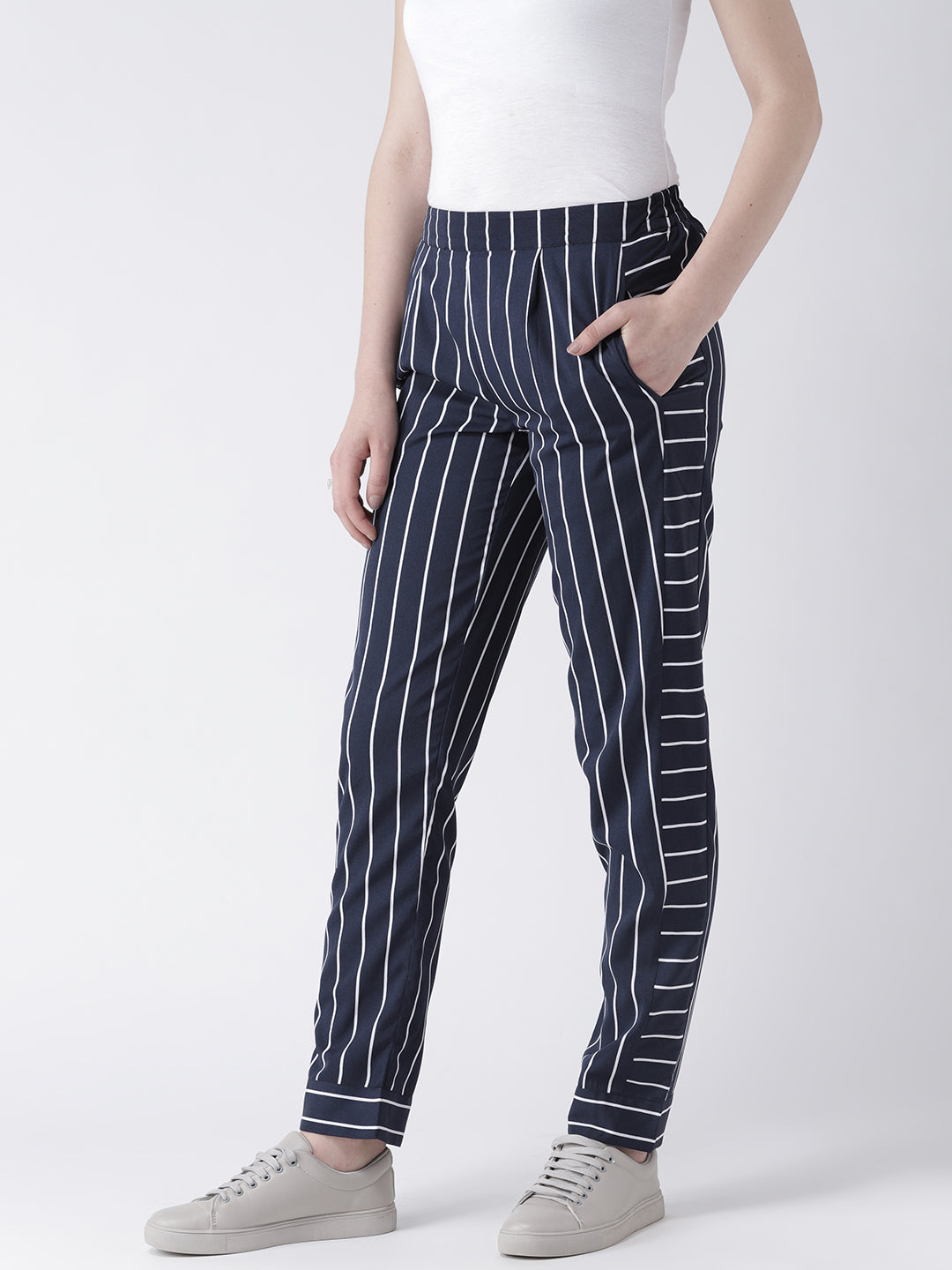 Women's Navy Blue Vertical Striped Pants – Slim Fit Casual Trousers with Pockets