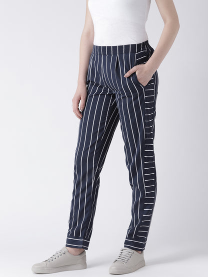 Women's Navy Blue Vertical Striped Pants – Slim Fit Casual Trousers with Pockets