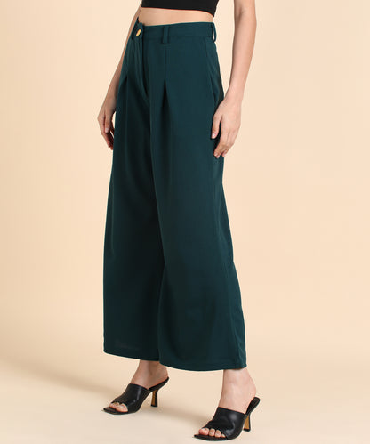 Women's Dark Black High-Waist Wide Leg Trousers – Elegant Pleated Palazzo Pants with Pockets