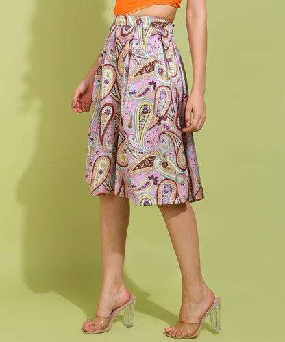 Multicolor Paisley Print Midi Skirt with Pleats for Women