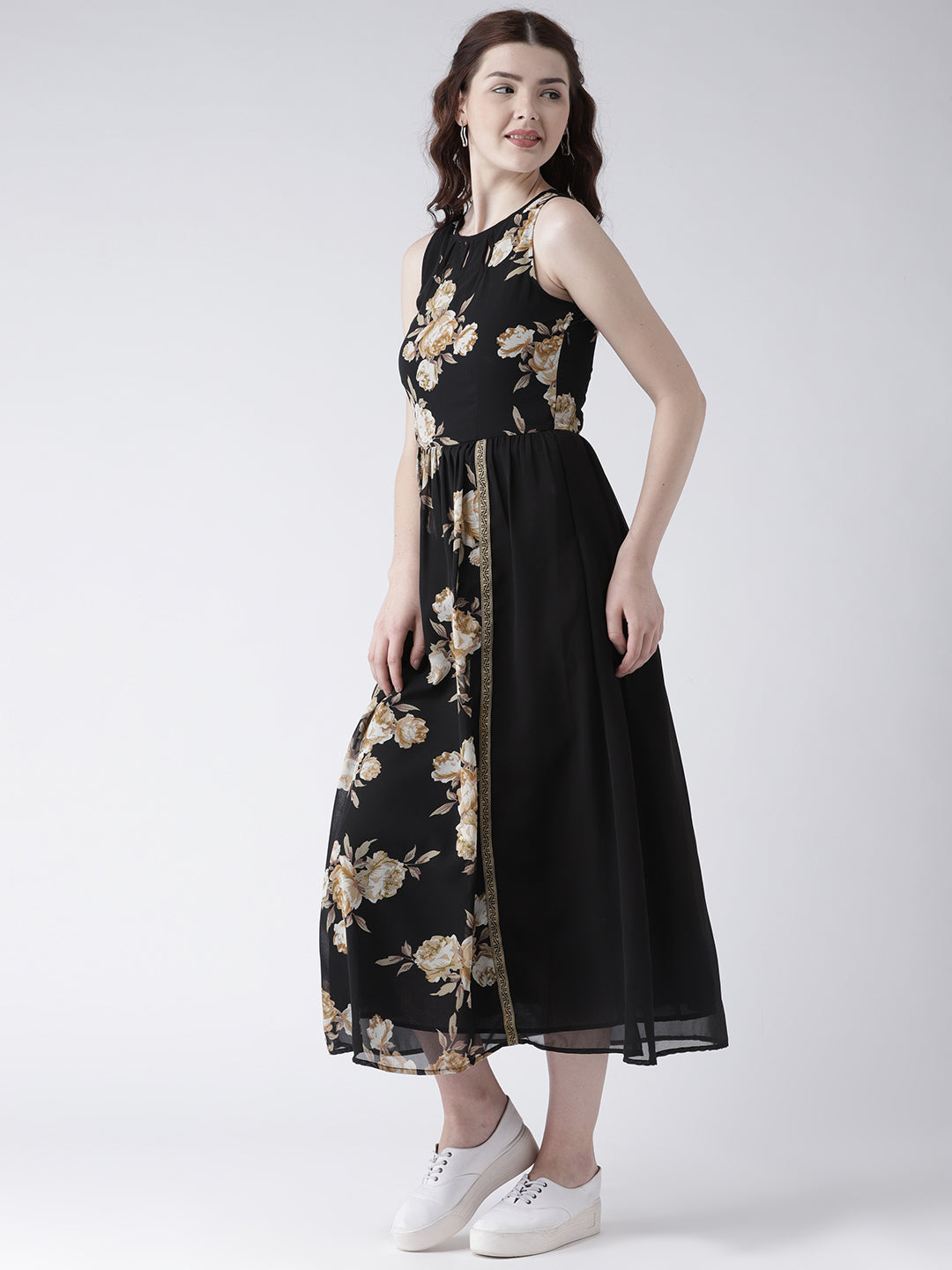 Women's Black Floral Print Sleeveless Flared Maxi Dress with Gold Border