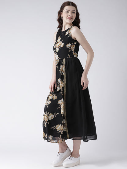 Women's Black Floral Print Sleeveless Flared Maxi Dress with Gold Border