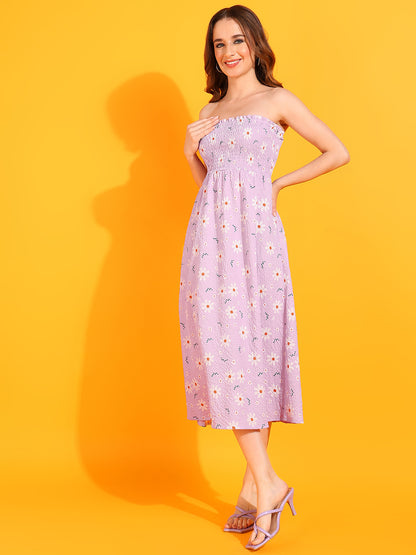Women’s Lilac Strapless Floral Smocked Midi Dress