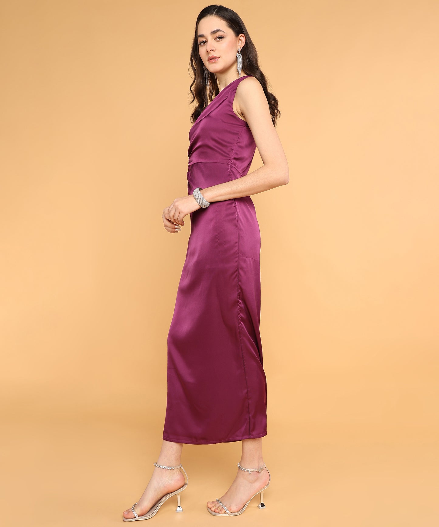 Wine One-Shoulder Satin Bodycon Midi Dress for Women