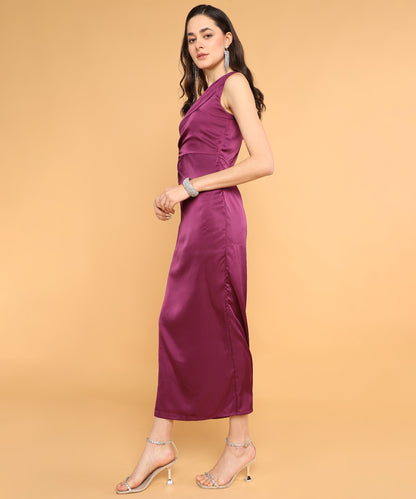 Wine One-Shoulder Satin Bodycon Midi Dress for Women