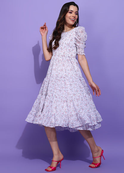 Women’s White Floral Puff Sleeve Tiered Midi Dress