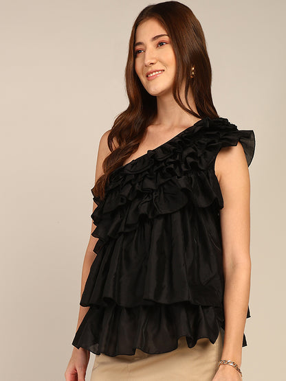 Black One Shoulder Ruffle Layered Party Top for Women