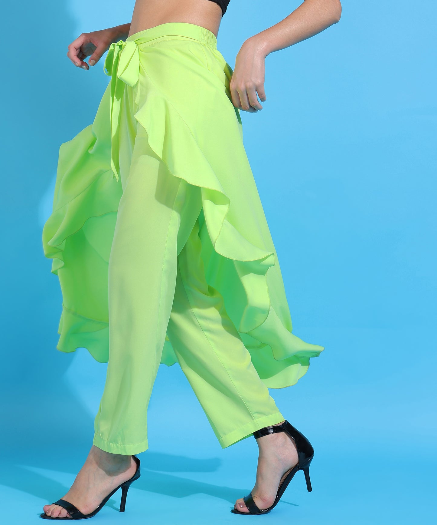 Green Ruffle-Detail Palazzo Pants with Tie Waist for Women