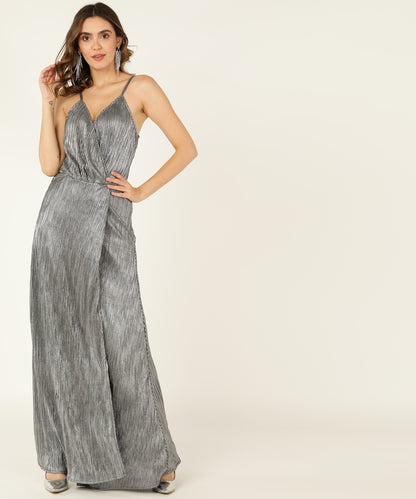 Grey Metallic Pleated Maxi Dress with Thigh Slit and Spaghetti Straps