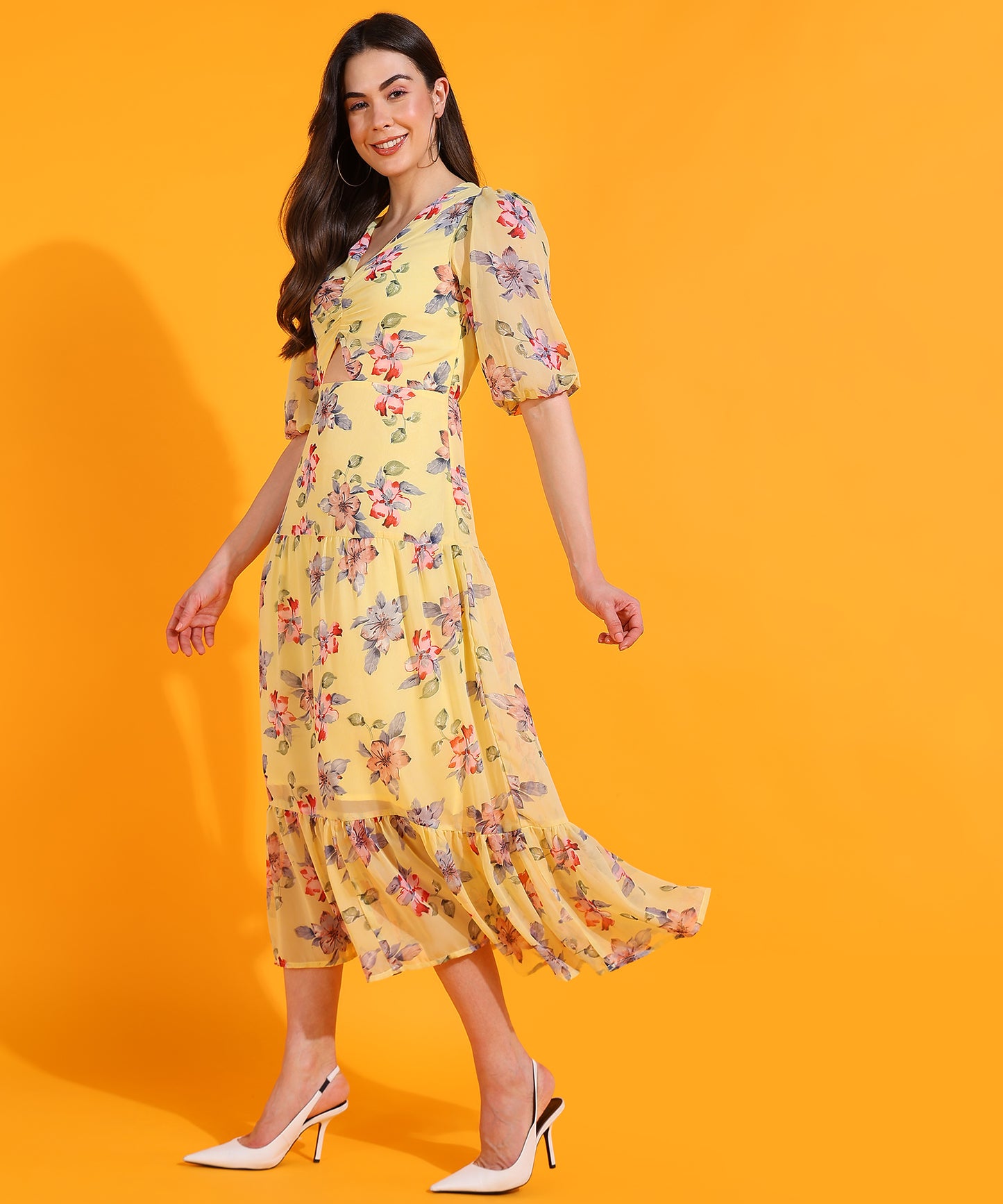 Yellow Floral Cut-Out Midi Dress with Puff Sleeves – Trendy Summer Dress for Women