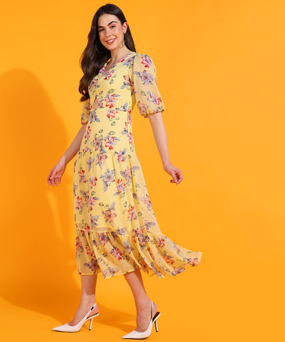 Yellow Floral Cut-Out Midi Dress with Puff Sleeves – Trendy Summer Dress for Women