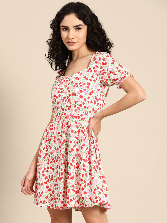 Floral Print Fit and Flare Mini Dress with Puff Sleeves
