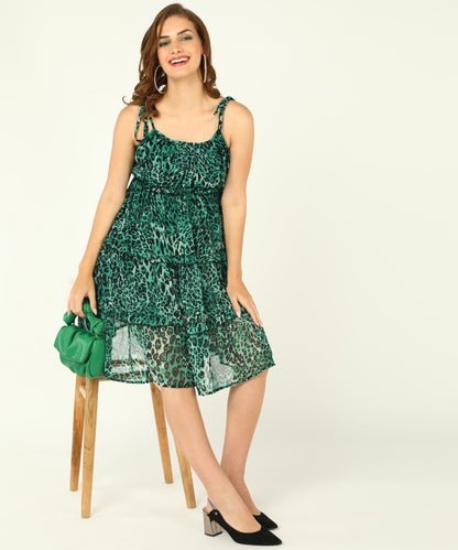 Green Leopard Print Tiered Mini Dress for Women with Sleeveless Design