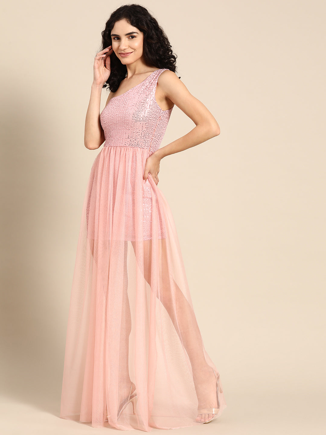 Baby Pink One-Shoulder Sequin Net Overlay Party Dress