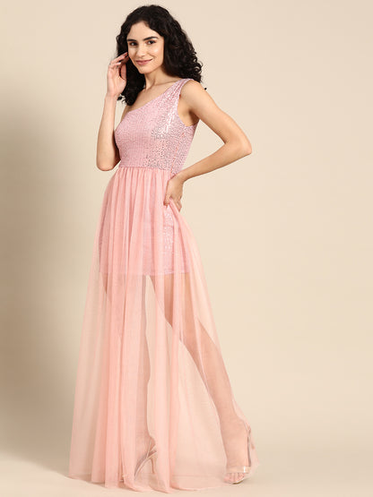 Baby Pink One-Shoulder Sequin Net Overlay Party Dress