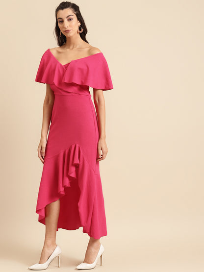 Women Off Shoulder Ruffle Hem High Low Maxi Dress