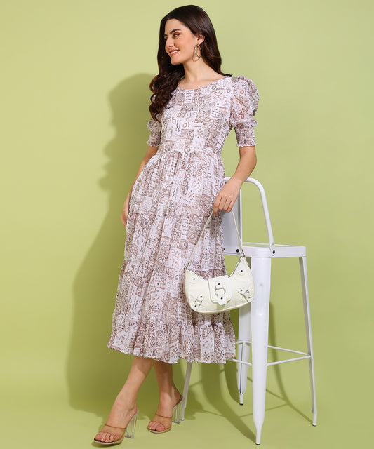 Women's White Printed Puff Sleeve Maxi Dress – Elegant & Flowy