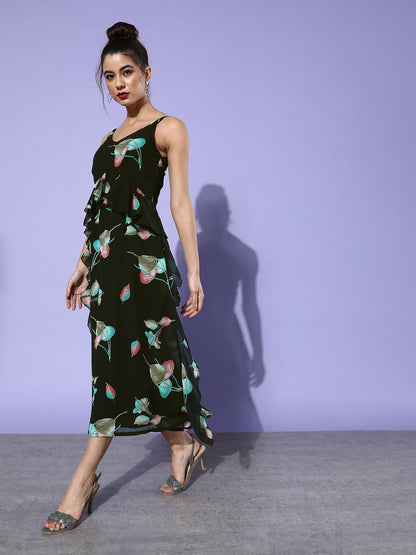 Women's Black Floral Printed Sleeveless Midi Dress Asymmetric Ruffle Hem Western Wear